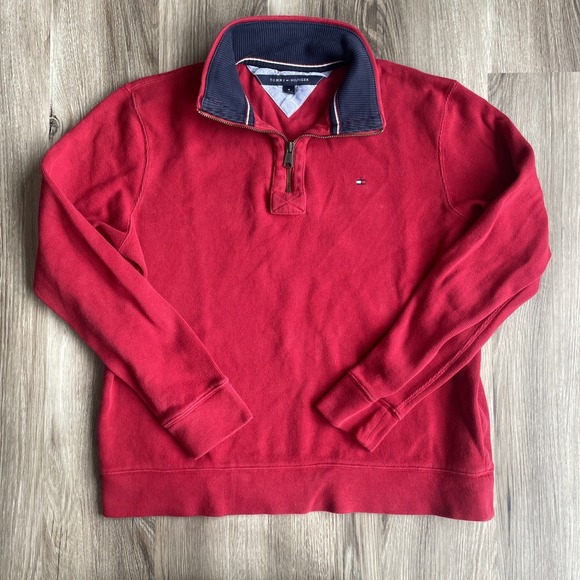 Y2K Tommy‎ Hilfiger Men's Quarter-Zip Knit Pullover Red M Preppy Academia - Picture 1 of 5